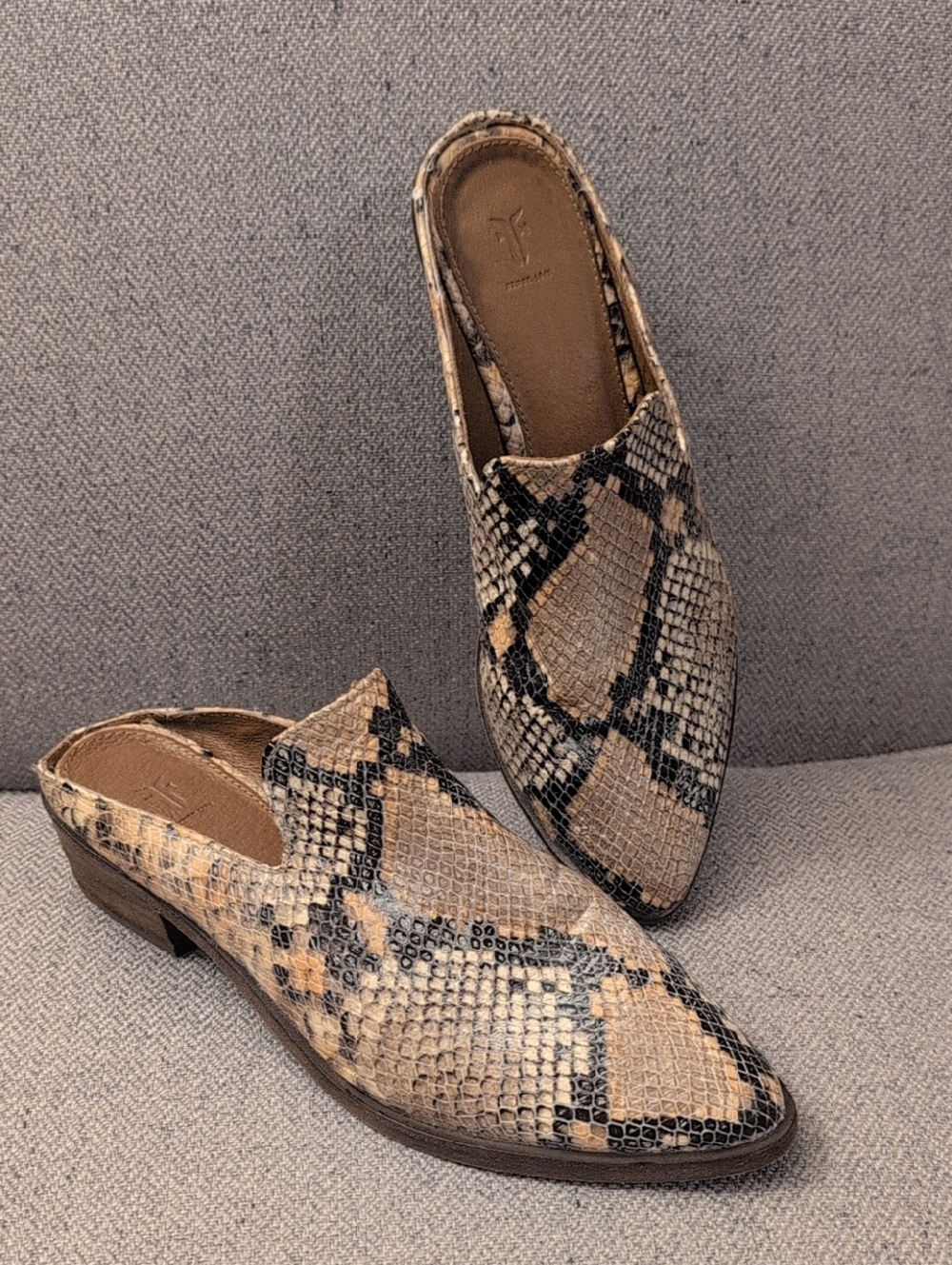 Frye Women's Snake-Print Pointed Slip-On Mules in Tan and Black